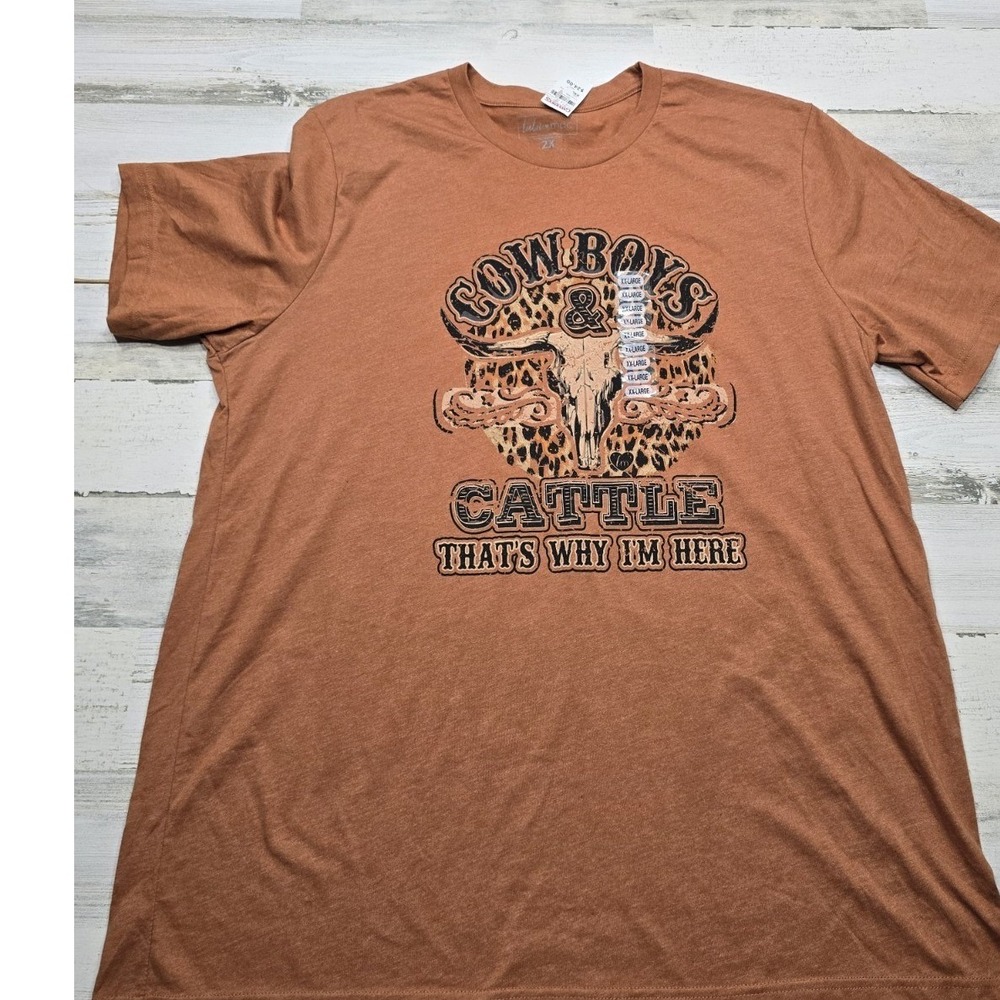Lulu Mac Womens 2X Cowboys & Cattle Graphic T-Shirt Rust Brown Western NWT